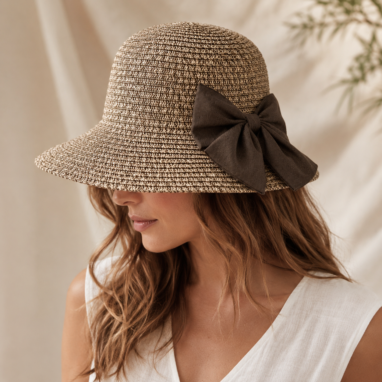 Celeste Woven Sun Hat with Brown Bow