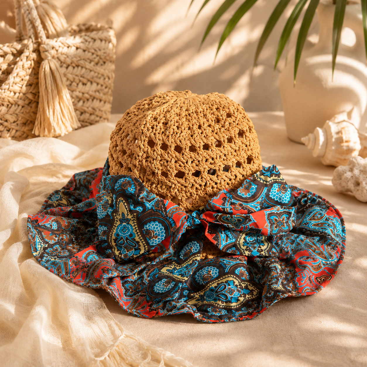 Coral Crochet Sun Hat with Paisley Scarf Brim