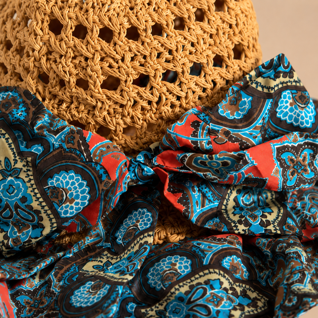 Coral Crochet Sun Hat with Paisley Scarf Brim