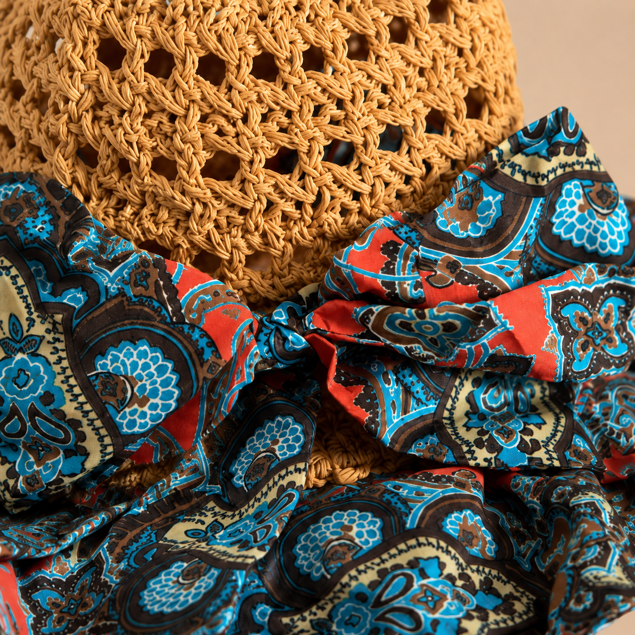 Coral Crochet Sun Hat with Paisley Scarf Brim