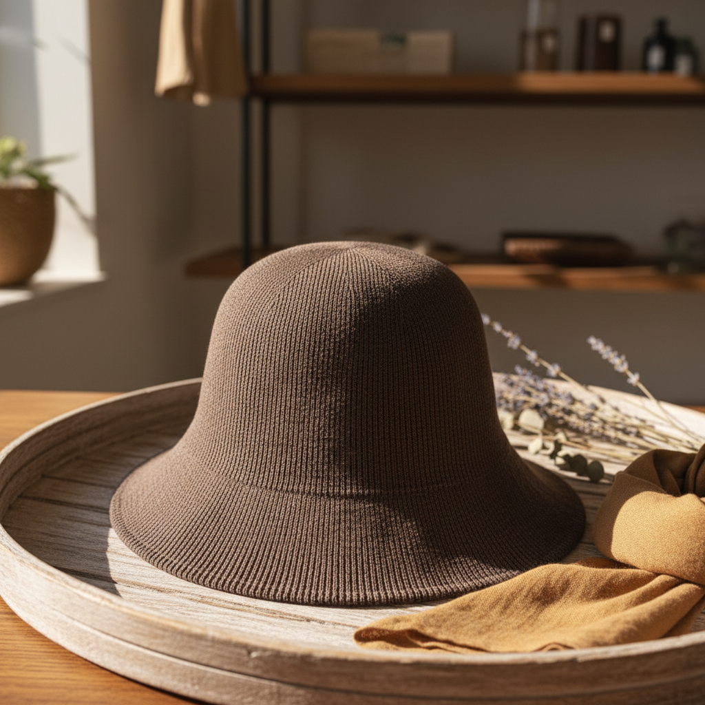 Mocha Wide-Brim Bucket Hat - lifestyle coastal setting