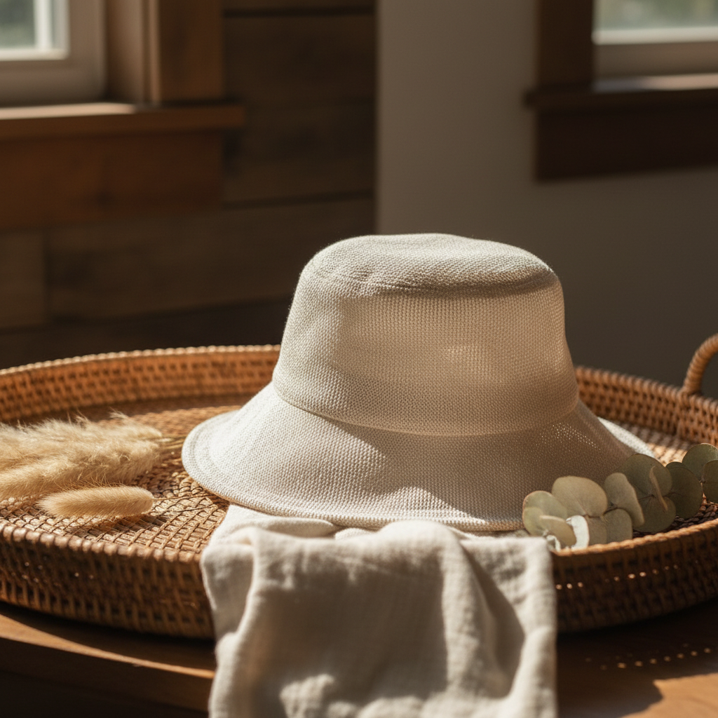 Ivory Woven Bucket Hat - lifestyle coastal setting