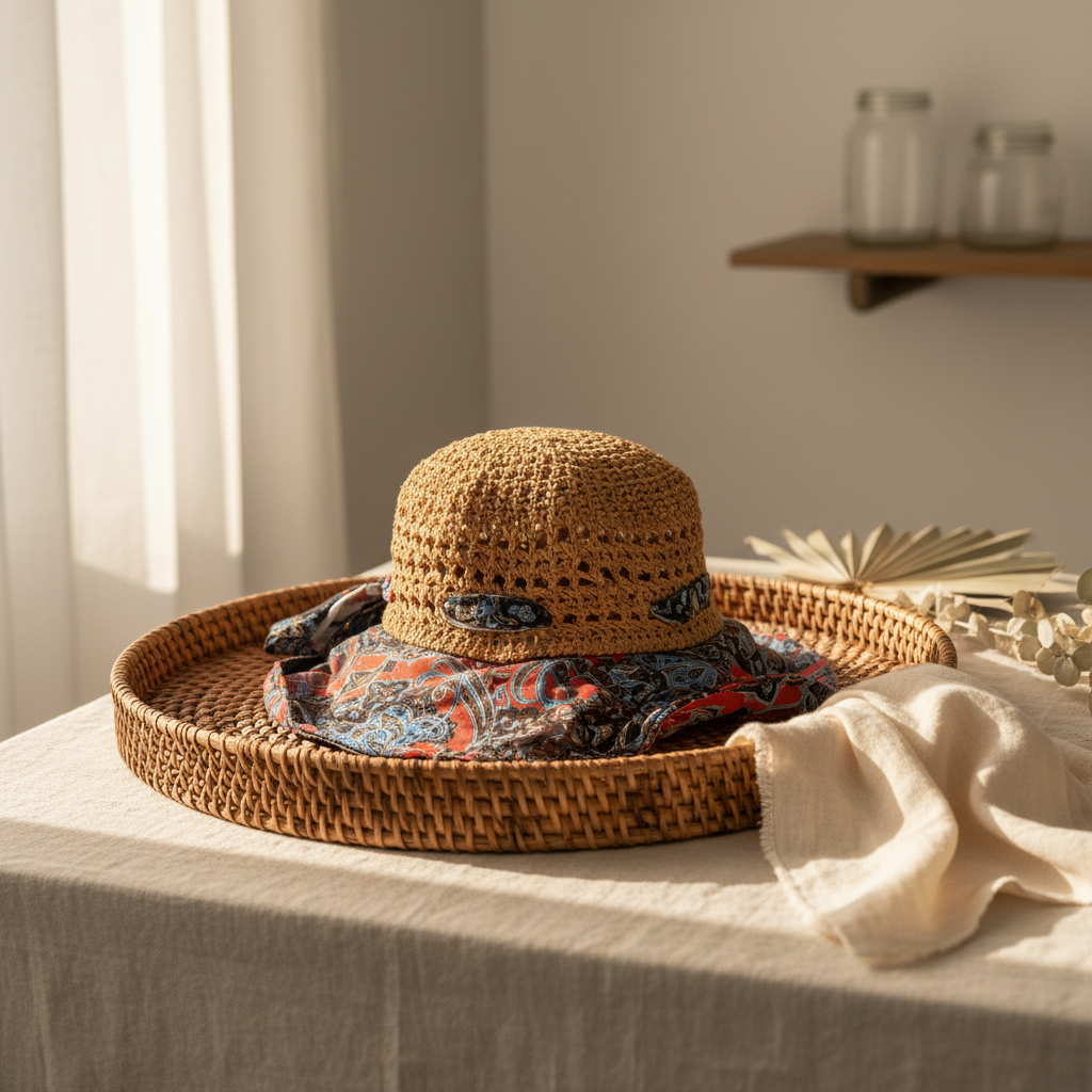 Marina Woven Bucket Hat Red Paisley - lifestyle coastal setting