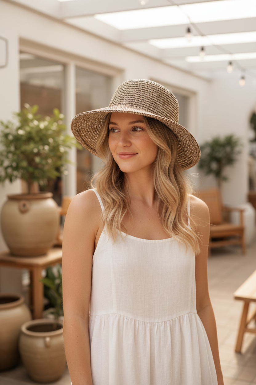 Celeste Woven Sun Hat - on model lifestyle