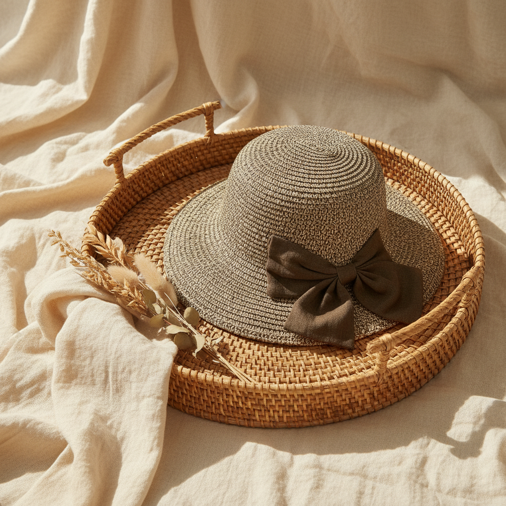 Celeste Woven Sun Hat with Bow - lifestyle coastal setting
