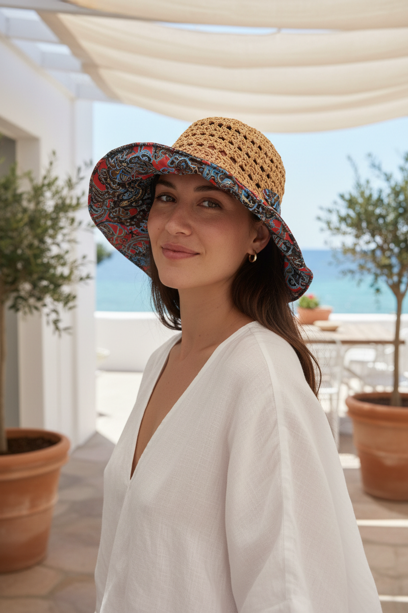 Marina Woven Bucket Hat Red Paisley - on model lifestyle