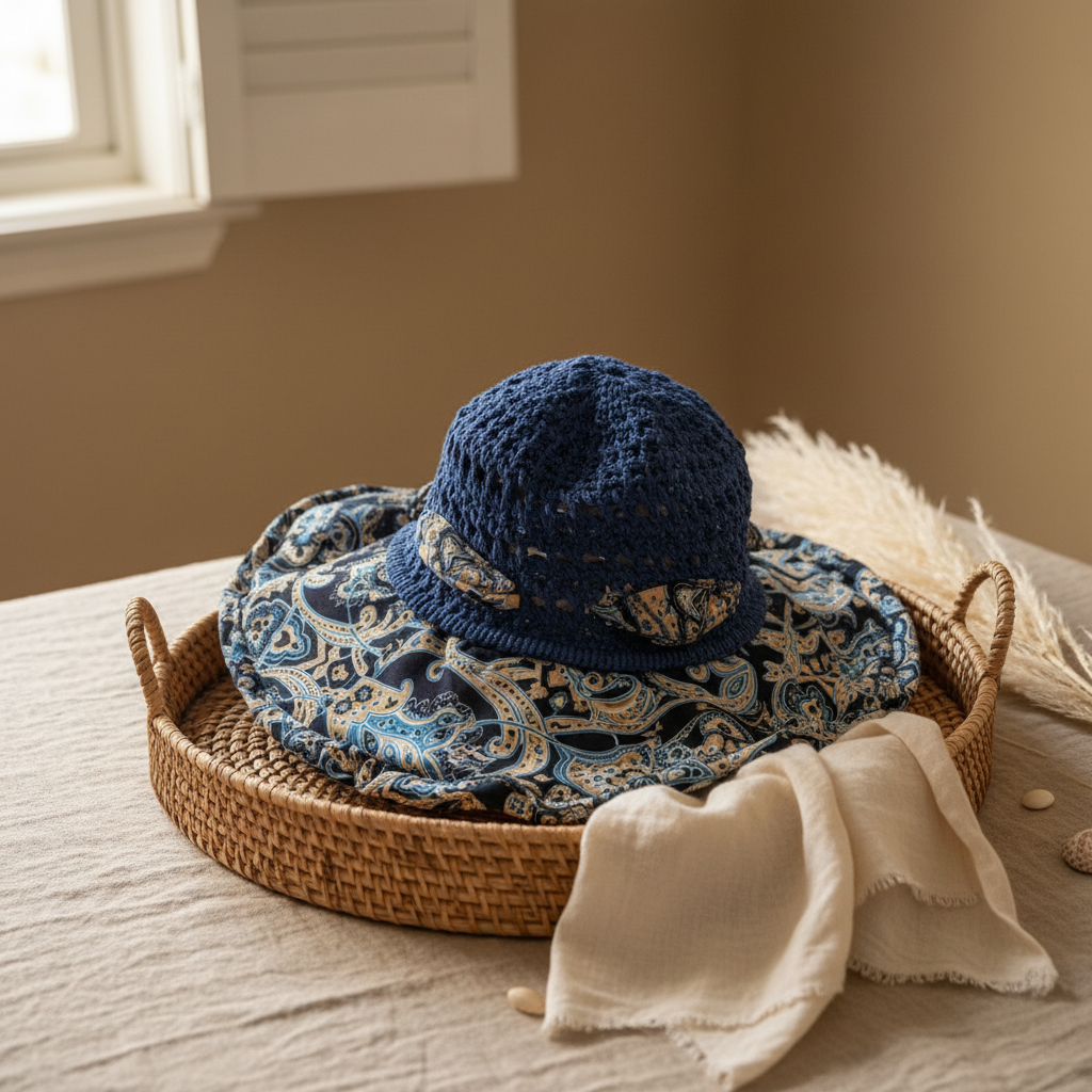 Blue Crochet Sun Hat with Paisley Scarf Brim