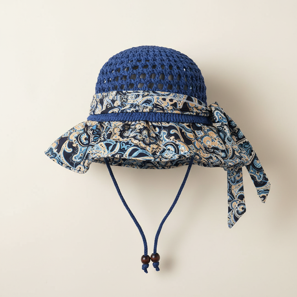Blue Crochet Sun Hat with Paisley Scarf Brim