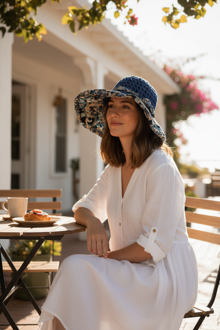 Blue Crochet Sun Hat with Paisley Scarf Brim